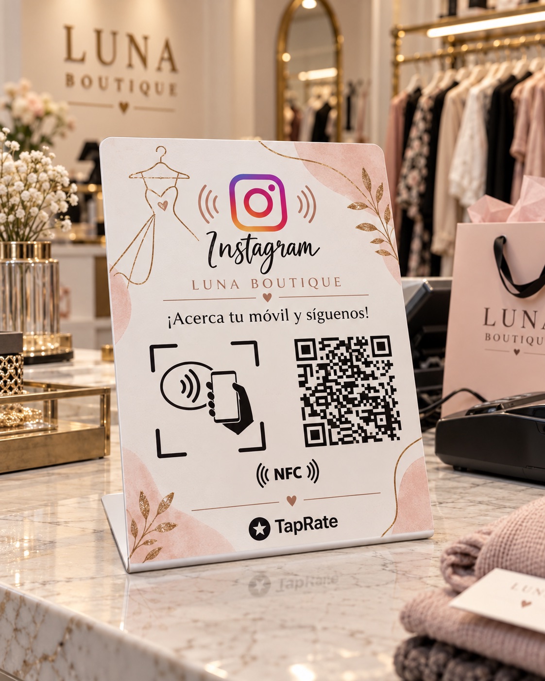 Placa NFC personalizada TapRate para boutique de ropa con Instagram