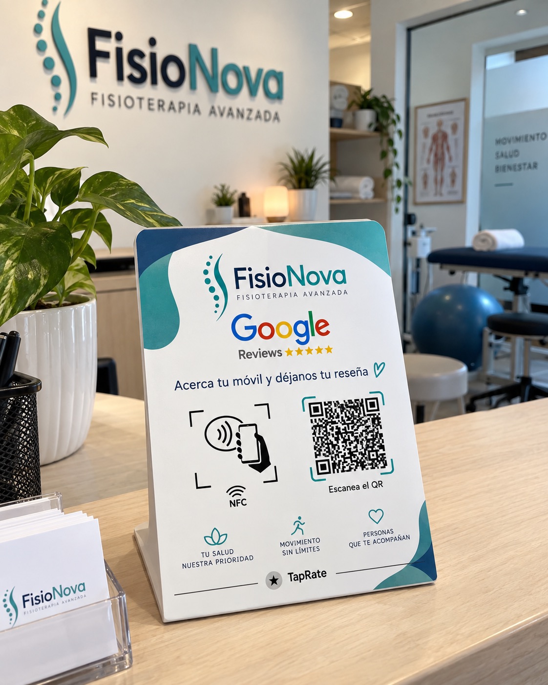 Cartão NFC TapRate personalizado para uma clínica de fisioterapia com avaliações do Google