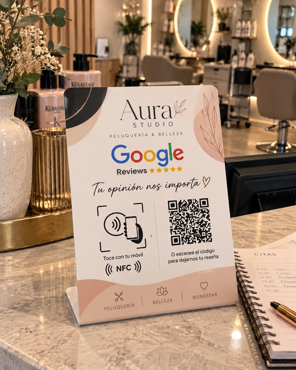 Placa NFC personalizada TapRate para peluquería y centro de belleza
