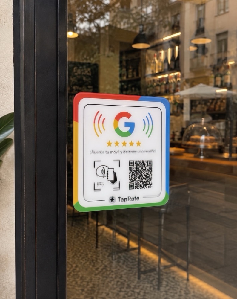 Tarjeta TapRate colocada en el escaparate de una cafetería