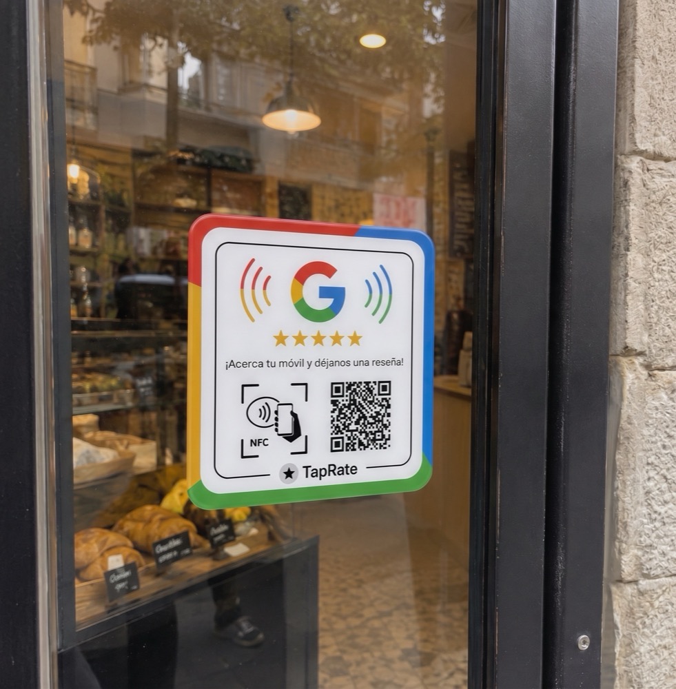 Tarjeta TapRate para Google Reviews instalada en la puerta de un local