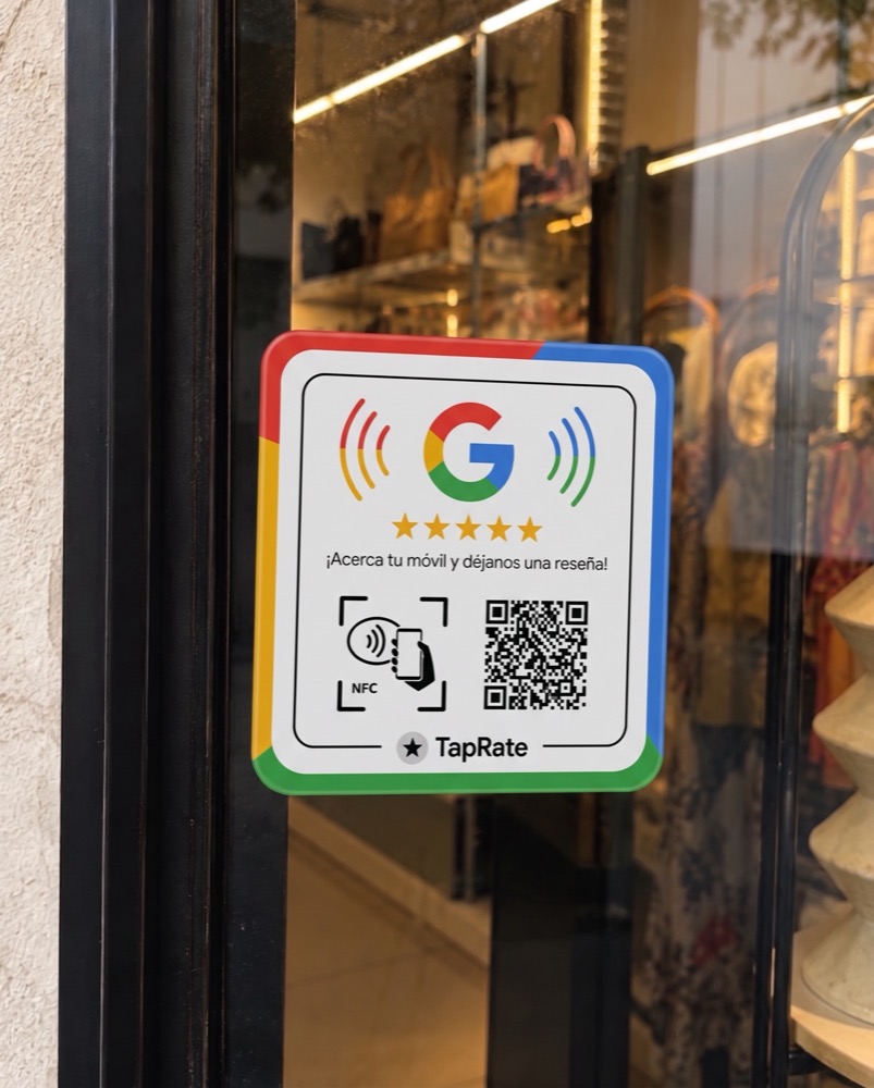 Tarjeta TapRate visible en el cristal de un negocio local