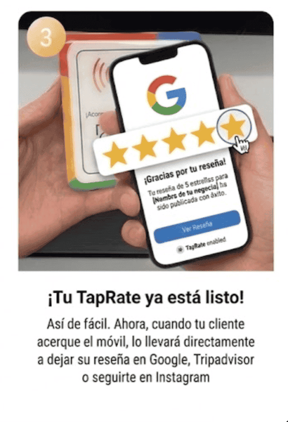 Paso 3: tu TapRate ya está listo para llevar clientes a reseñas o Instagram